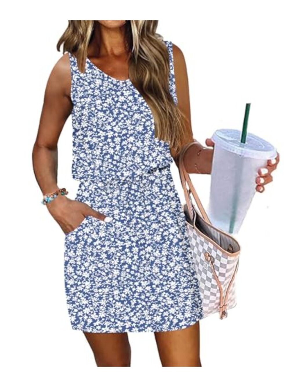 Sleeveless V-Neck Swing Sundress Polyester Spandex Casual Summer